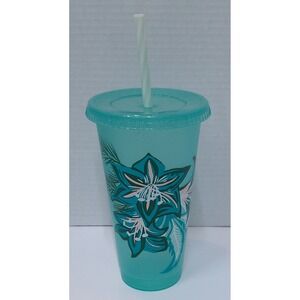 Starbucks 24oz Holiday Glitter Floral Reusable Cold Cup W/Lid & Straw Teal